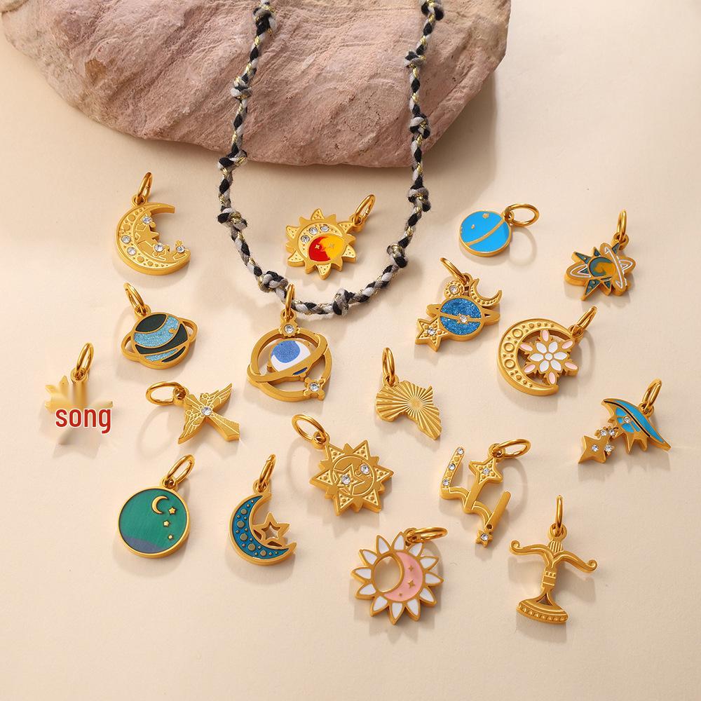 Cross-border Trend Multi-element Metal Pendant: Drip Glaze Rhinestone Star, Moon & Planet Shape DIY Accessory
