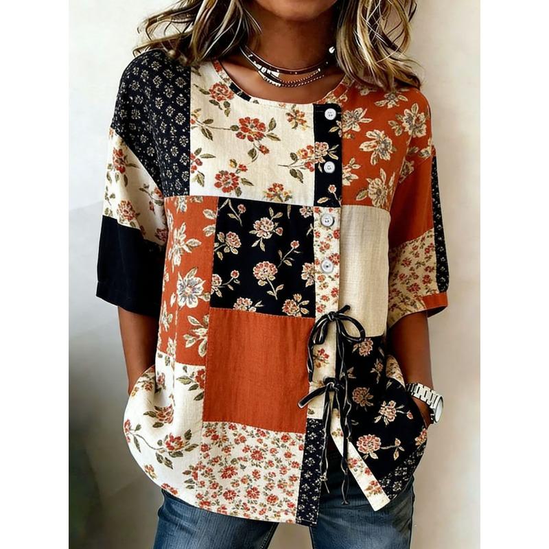 Women's Vintage Patchwork Floral Print Casual Blouse, Button Tie Front Loose Top for Spring Summer Daily Wear