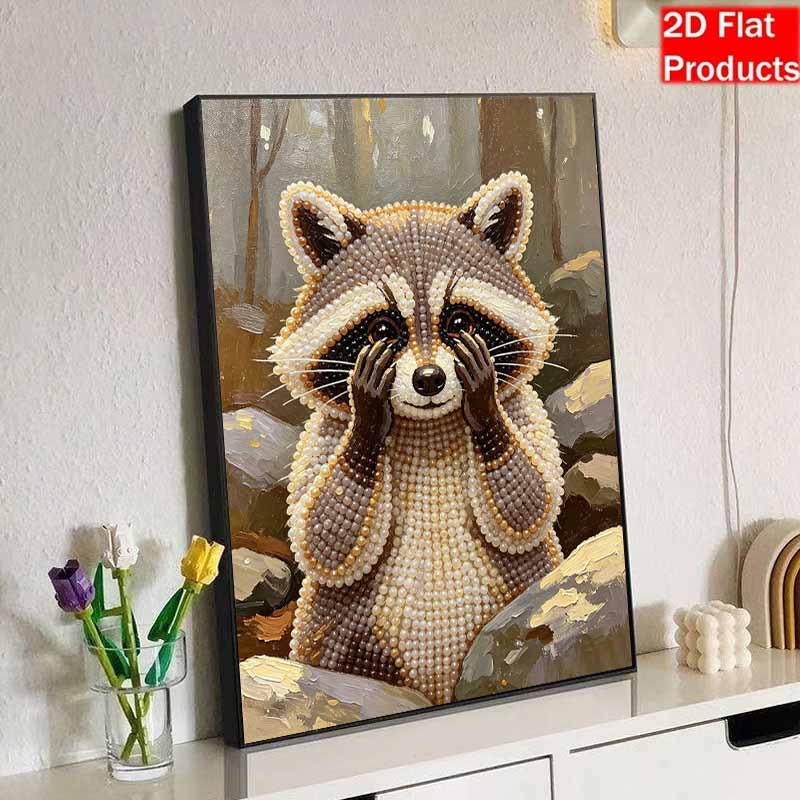 Sparkling Pearl Painting on Stretched Frame Cute Raccoon DIY Bead Art Canvas Relaxing Hobby Gift for Craft Lovers Home Wall Decor Idea