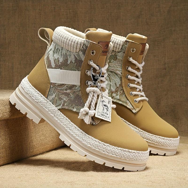 [Trendy High-Top Sneakers] Trendy High-Top Casual Sneakers - Men's Lace-Up Boots with Furry Collar & Side Zipper, Durable for Outdoor & Casual Attire
