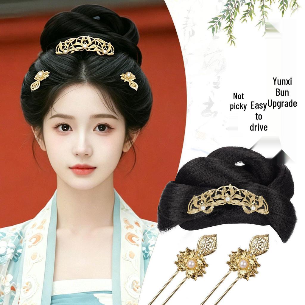 Ancient Style Hanfu Wig Bun with Full Hair Strand Updo Hairstyle Headwear Set