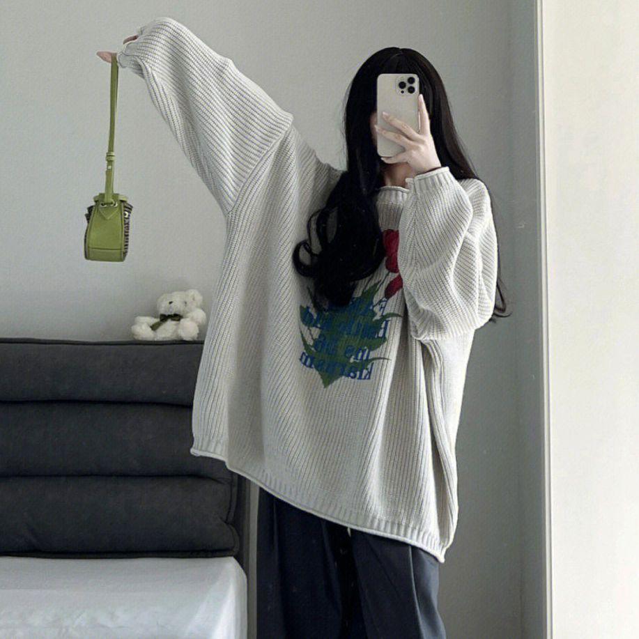 Pulover tricotat retro Femei Harajuku Vintage cu imprimeu floral Pulover lejer casual cu mânecă lungă Topuri cu gâtul O Haine Y2K Dulci