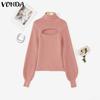 VONDA Women Turtleneck Long Sleeve Cutout Casual Fitted Knitwear Sweaters Jumpers