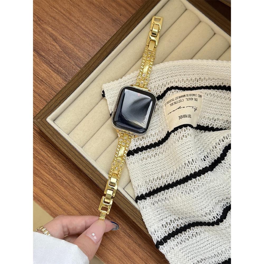 

Kaleidoscope Copper Zircon Metal Strap For Apple Watch Ultra 49/46/45/44/42/41/40/38mm, Fashion Metal Bracelet Wristband Series 10 9 8 7 6 SE 38/40/41/42S10 ярко-розовый/золотой