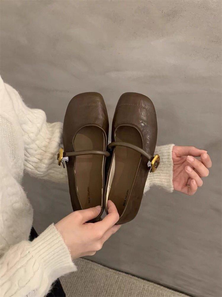 Black French Square Head Light Mouth Flat Sole Shoes Women's 2025 New Summer Small Fragrant Mary Jane Shoes Breathable Apricot