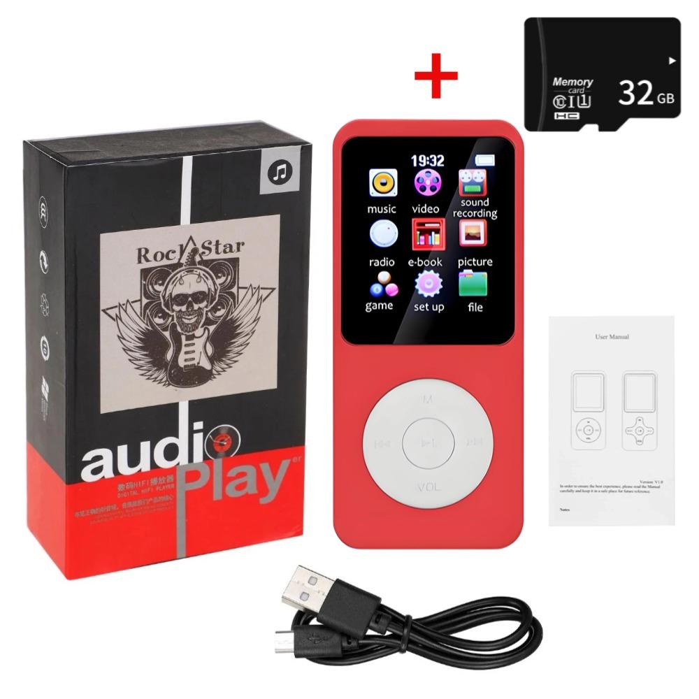 

Міні-MP3 MP4-плеєри FM-радіо Bluetooth-сумісний 5.4 Стерео музичний плеєр Портативний динамік Підтримка FM-карти TF Електронна книга Диктофон Вбудований мікрофон With 32G TF Card червоний