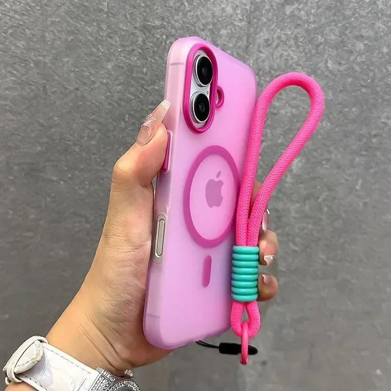 For Magsafe Candy Color Contrast Lanyard Case for iPhone 17 Air 16 15 Pro Max 14 Plus 13 Hand Wrist Strap Matte Soft TPU Cover