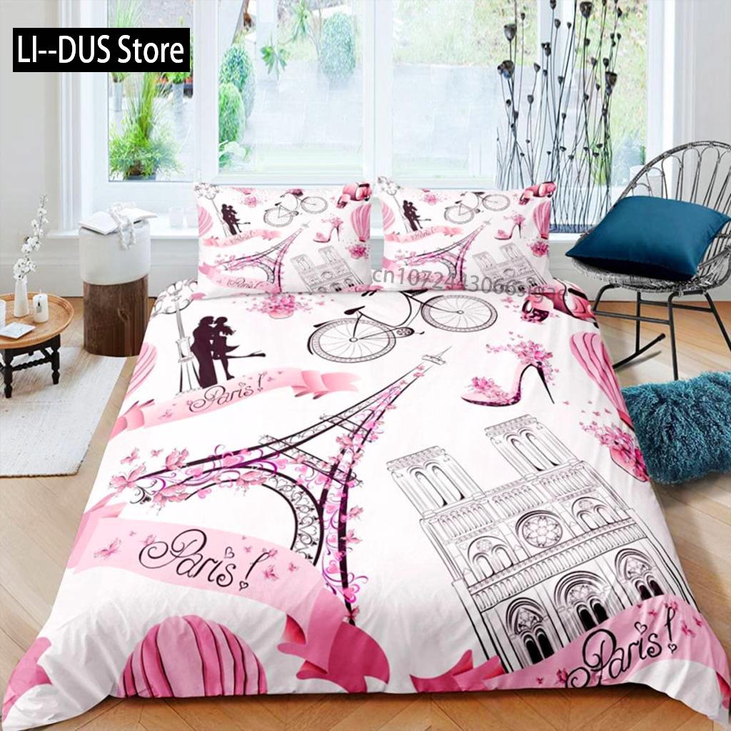 Paris Duvet Cover Set Polyester Paris Theme White Pink Stripe World-Famous Architecture Creativity Double Queen King Quilt Cover