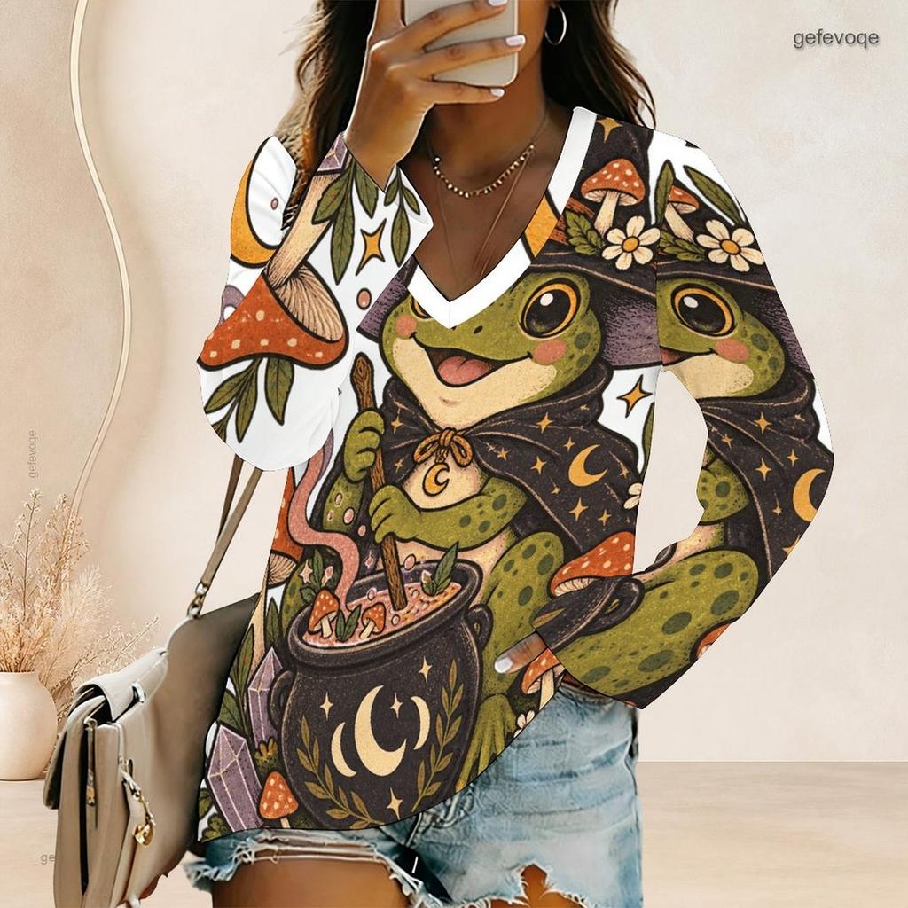 Women Plus Size V Neck Long Sleeve Halloween Mushroom Ghost Print Top