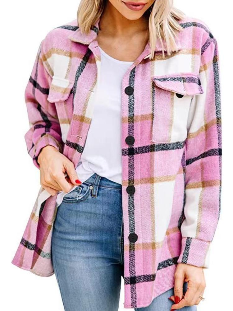 Women's Black White Brown Checkered Long Sleeve Button Down Shirt