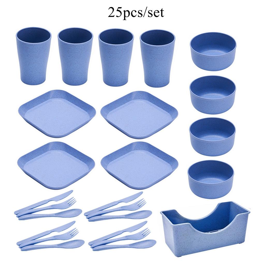 25pcs Portable Travel Plastic Plates and Bowl Sets Wheat Straw Dinnerware Sets, BBQ, Picnic, Camping Essentials Dishes Set