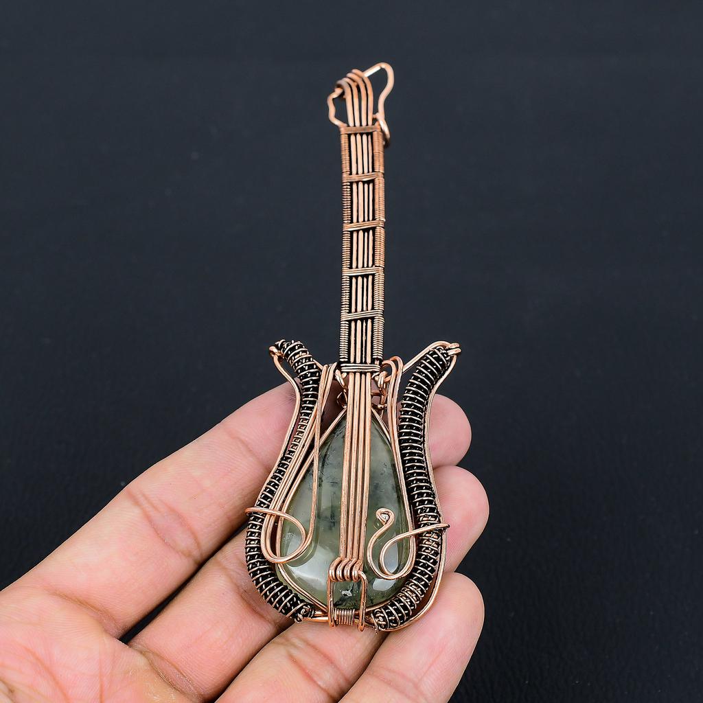 Natural Moss Prehnite Stone Handmade Copper Wire Wrap Guitar Pendant 4.53 V8b49