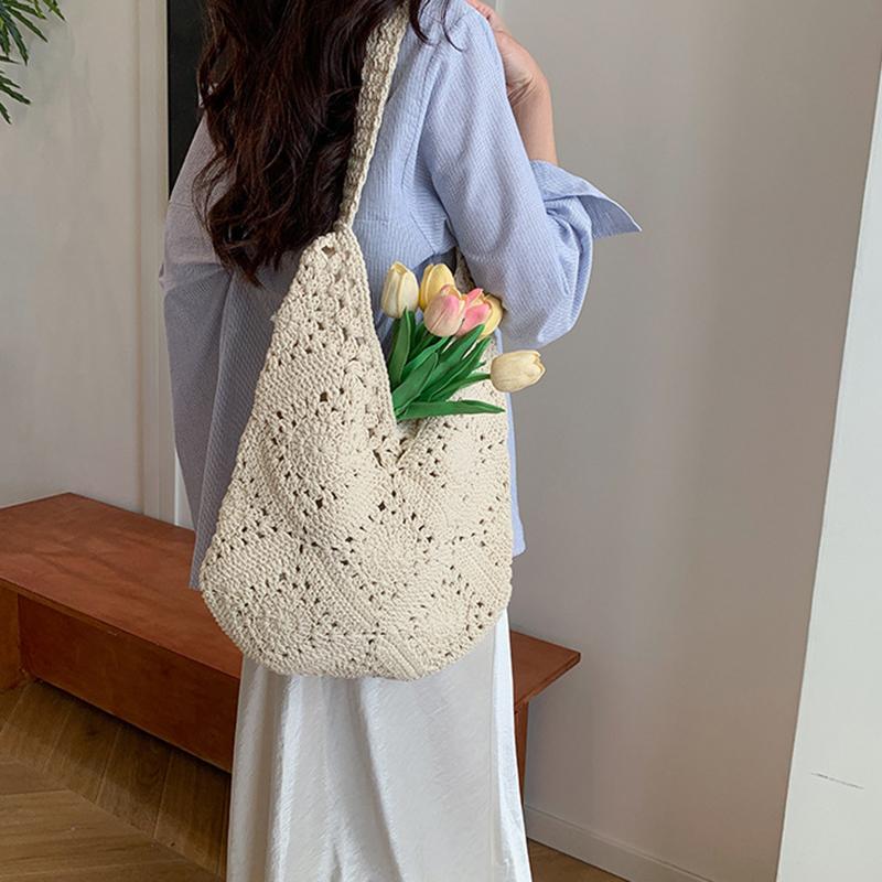 Women Woven Bag Chic Hobo Bag Large Capacity Weaving Shoulder Purse Stylish Hollow Out Handbag Vacation Bag