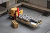 Gaincorp Products 1/64 Mitsubishi Fuso Fighter (1024) with Crane, Yellow (Includes Cement Pipe and Wooden Box), Finished Model, KS082-489