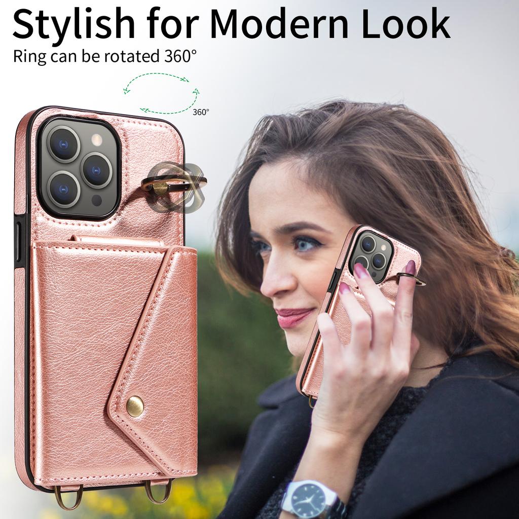 For iPhone 15 Series.for iPhone 15,15 Plus,15 Pro,15 Pro Max Shoulder Strap Rope Ring Bracket Design Card Holder Slots Lichee Pattern Cover Phone Case