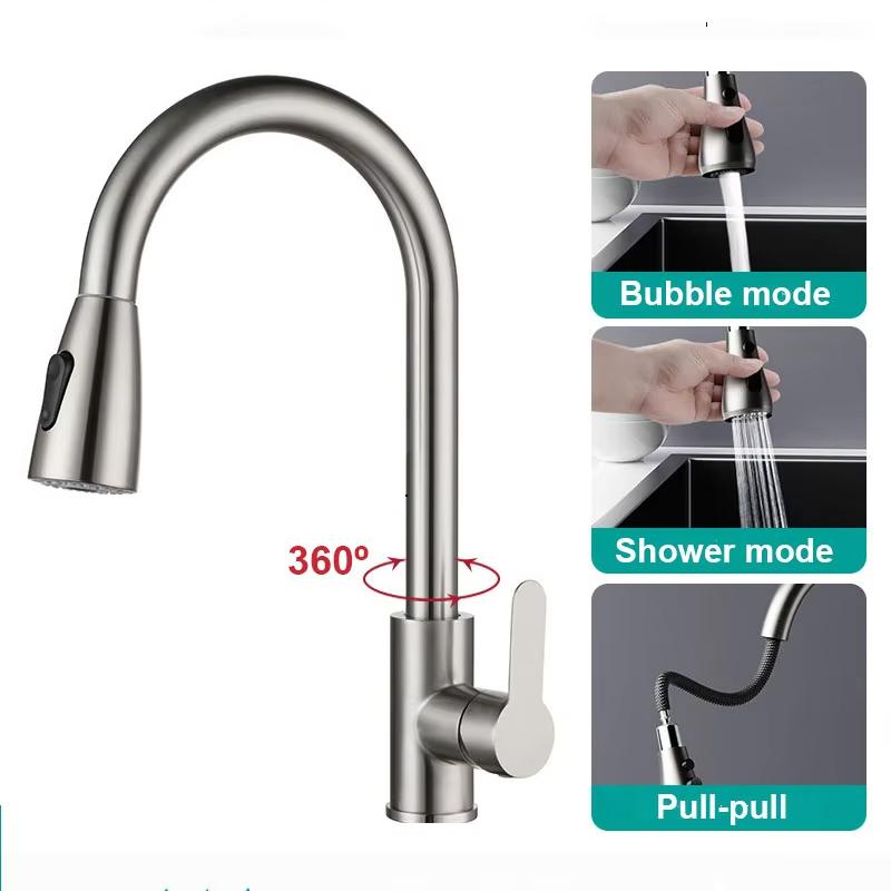 Stainless Steel Pull-Out Kitchen Faucet, Hot and Cold Water Dual-Use, Splash-Proof, Fast Heating, Household Washbasin Faucet