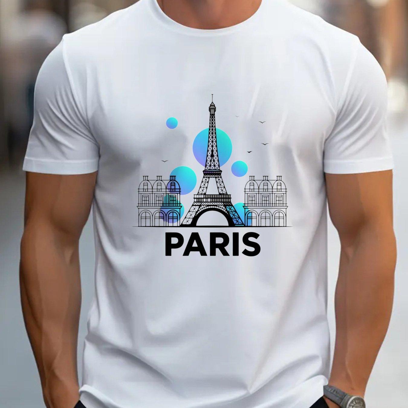 Paris Eiffel Tower Graphic Tee Men Breathable Cotton Casual Short Sleeve TShirt Travel Urban Style S
