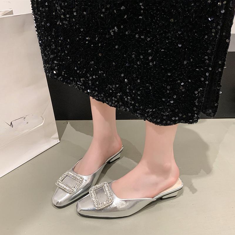 Fashion Women's Fashion Round Head Shallow Mouth Sequin Metal Square Buckle Soft Soled Anti-slip Wear-resistant Sandals
