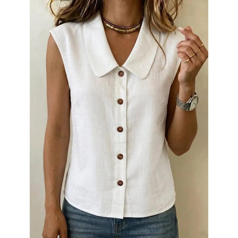 Women Fashion Commuter Turn Down Collar Button Solid Sleeveless Cardigan Blouse Top S белый