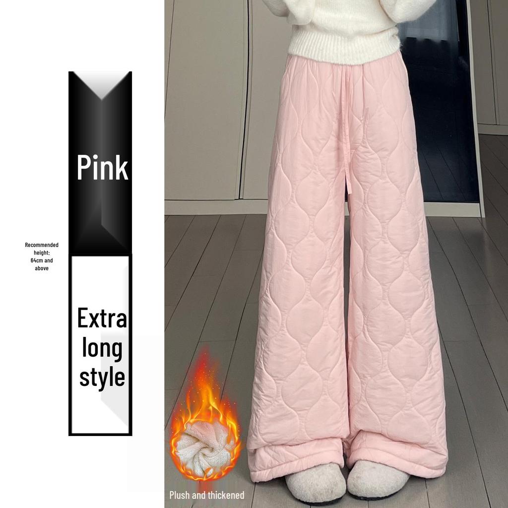 Women's Black Thick Lambswool Cotton Patchwork Wide-Leg Pants - Autumn/Winter Warm Velvet Plush, Straight-Leg Style