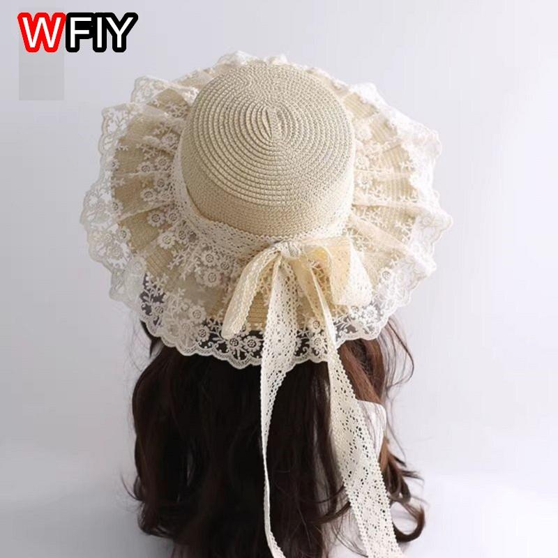 

Forest countryside Harajuku Women Girl Beach Sun Hat Sweet Lolita Kawaii Princess ribbon Floral Lace Bow Straw Hat Handmade M 56-58CM бежевий