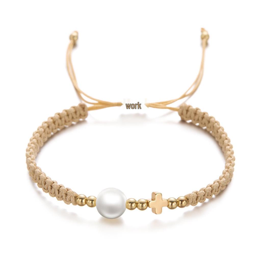 European American Handmade Woven Imitation Pearl Heart Cross Bracelet - Trendy Fashion Jewelry