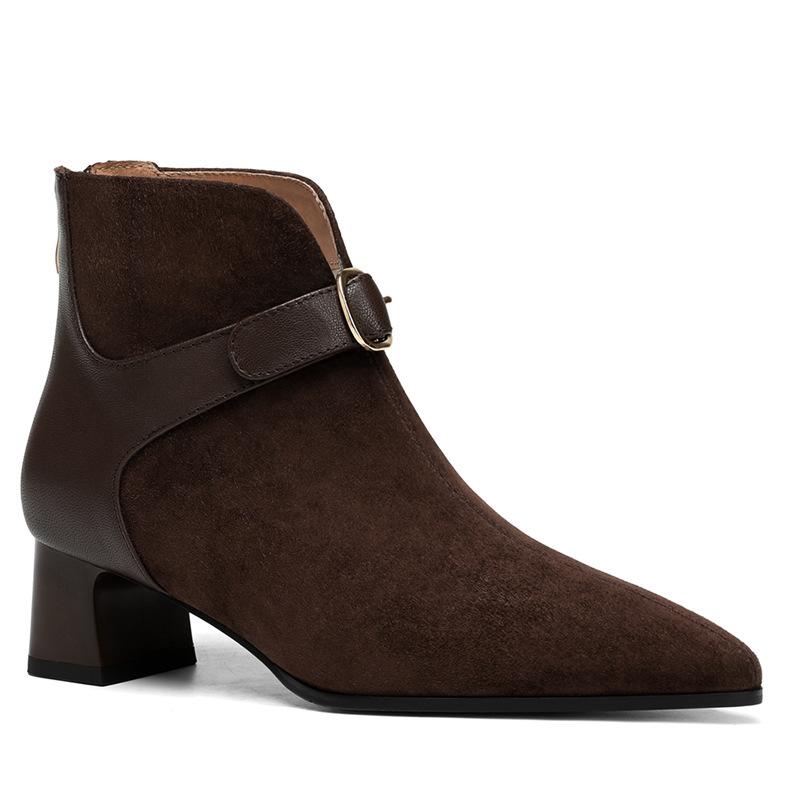 2024 Autumn/Winter New Combination Mid Heel Thick Heel High Heel Pointed Boots Women's Brown Short Boots Women's