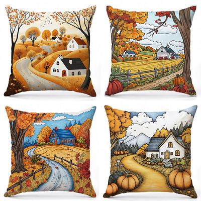 Autumn Countryside Scenes Printed Decorative Throw Pillows Square Polyester Pillowcase, Modern Sofa Decorative Cushion Cover