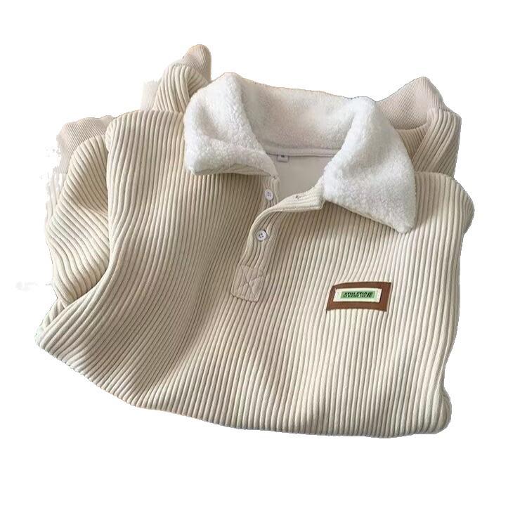 Herren Cord-Polo-Sweatshirt mit Samt-gefütterter Lammwolle für Herbst/Winter, Hong Kong Style, für Teenager