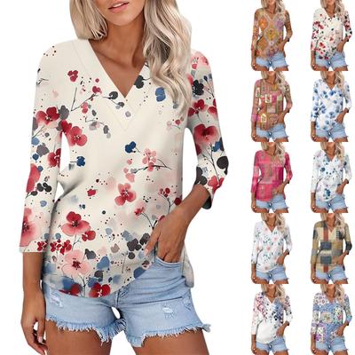 Women's Casual Fashion Sexy Comfortable V-neck Floral Three-quarter Sleeve Top