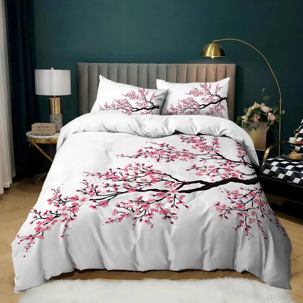 Plum Blossom Red Flower Floral Comfortable Duvet Quilt Cover Pillowcase Bedding Set Children Bedroom Decoration Home Textile