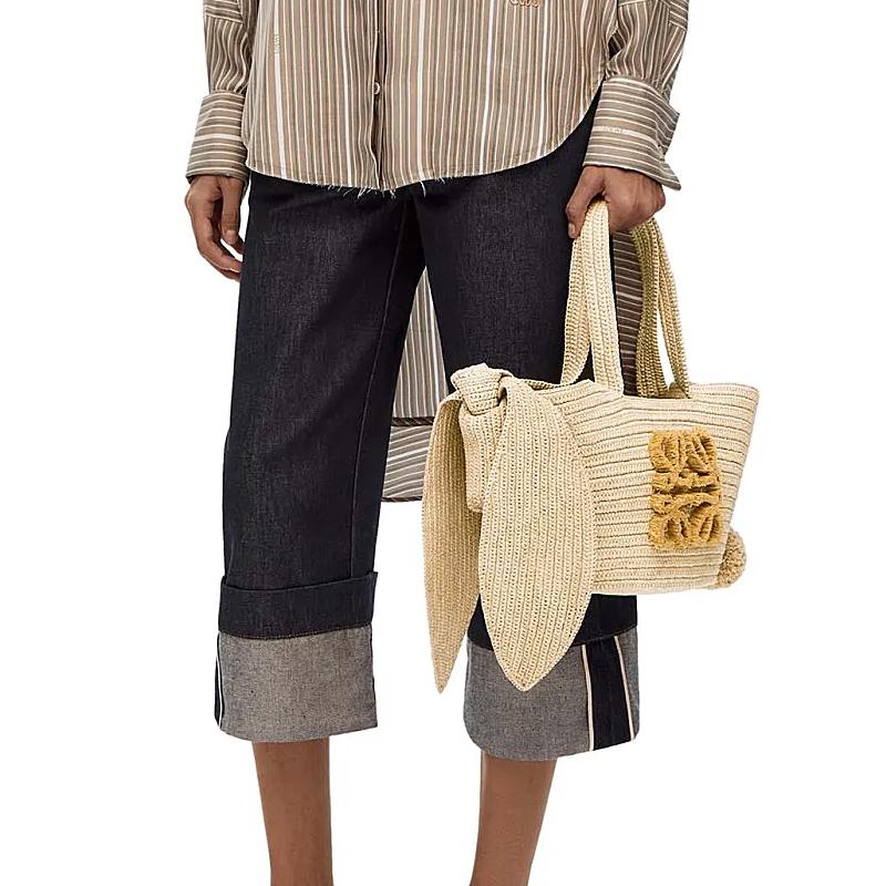 Loewe Logo Wine Palm Fiber And Cowhide Leather Tote Bag Small Women Tote Bag Natural A223S17X01-2123