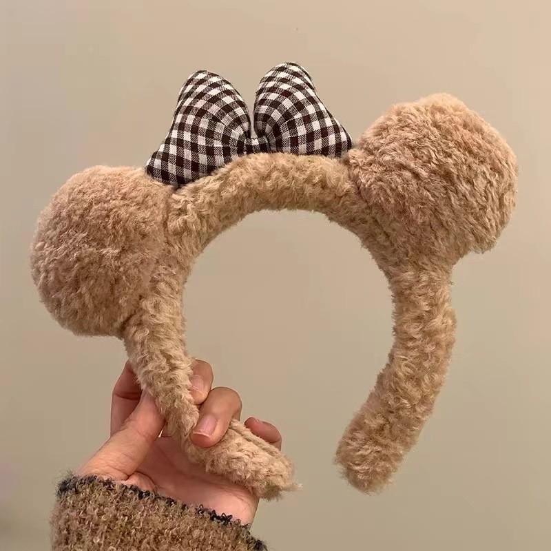 Cute Bow Knot Bear Ear Plush Headband, Face Washing Hair Tie, Cartoon Brown Hair Clip for Women, Hair Accessories