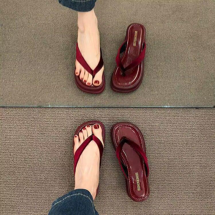 Thick-soled Foot-pinch Flip-flops Shoes Women's Shoes Outer Wear 2025 Spring and Summer New Fashion Heightening French Foot-pinch Cool Slippers