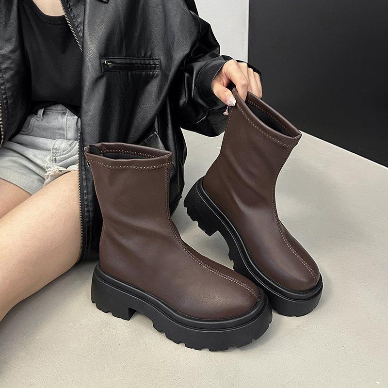 2025 Skinny Autumn Thick-soled Pile Short Boots Women's Martin Boots Skinny Boots Small Versatile Elastic Boots New Boots