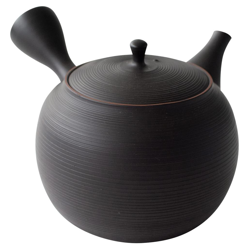Tokoname-yaki Gyokumitsu Kiln Teapot with Ceramesh Ceramic Tea Strainer (Large Capacity, Approx. 480ml) - Black Kiln-Change Finish with Striped