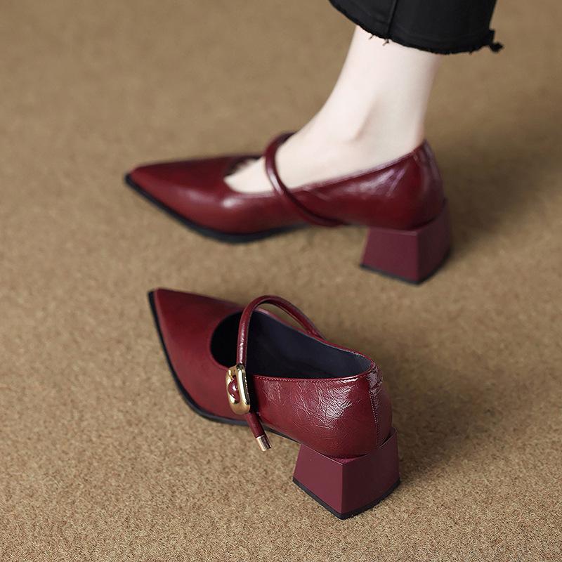 83656-1 Huidong County Daling Schuhe Mary Janes Damenschuhe Dicker Absatz Hohe Absätze Frühling Einzelne Schuhe Damen Spitz Kleine Lederschuhe