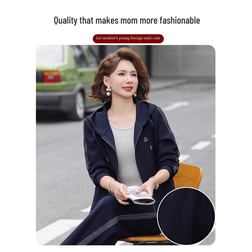Mom's Spring & Autumn 2026 Women's Casual Hooded Two-Piece Sportswear Set - Ideal for Middle-aged and Elderly
