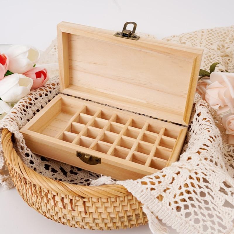 Functional Wood Essential Oil Container Natural Wood Essences Organizers with 25Bottles Holder Slot for Beauty Salon