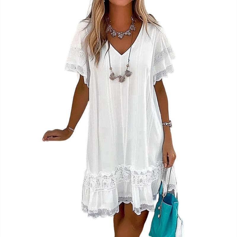 

Летняя мода V-образный вырез короткий рукав шифон кружево вставка женское платье повседневное свободное белое А-силуэта платье для вечеринки милая элегантная женская одежда 2XL белый