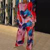 2 Pcs/Set Women Top Pants Set Bright Color Floral Print Three Quarter Bat Sleeves O Neck T-shirt Wide Leg Deep Crotch Elastic Waist Loose Casual