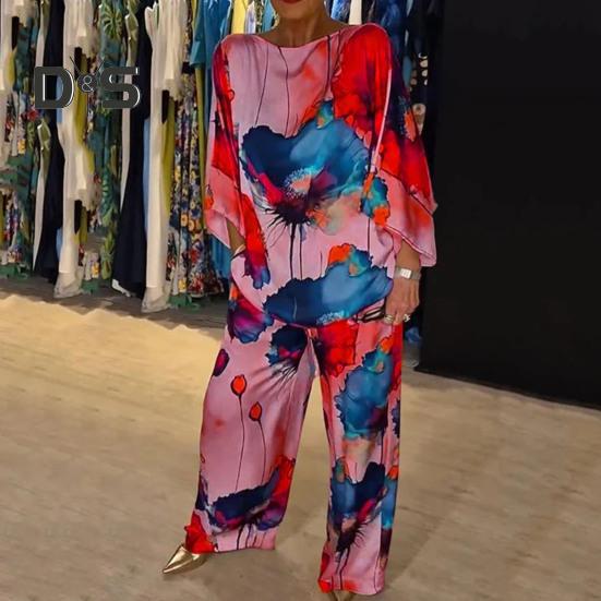 2 Pcs/Set Women Top Pants Set Bright Color Floral Print Three Quarter Bat Sleeves O Neck T-shirt Wide Leg Deep Crotch Elastic Waist Loose Casual