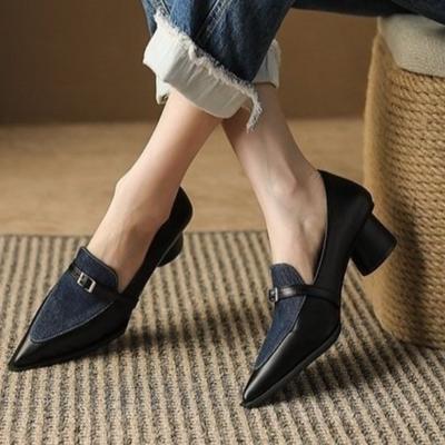 New Summer Style Fashionable Comfortable Wear-resistant Belt Buckle Thick Heel Medium Pointed Matching Women's Single Shoes