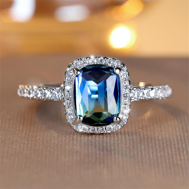 

Модное серебристое кольцо прямоугольной огранки с синим зеленым камнем, роскошное обручальное кольцо с любовью, свадебные украшения 9 синий/зелёный