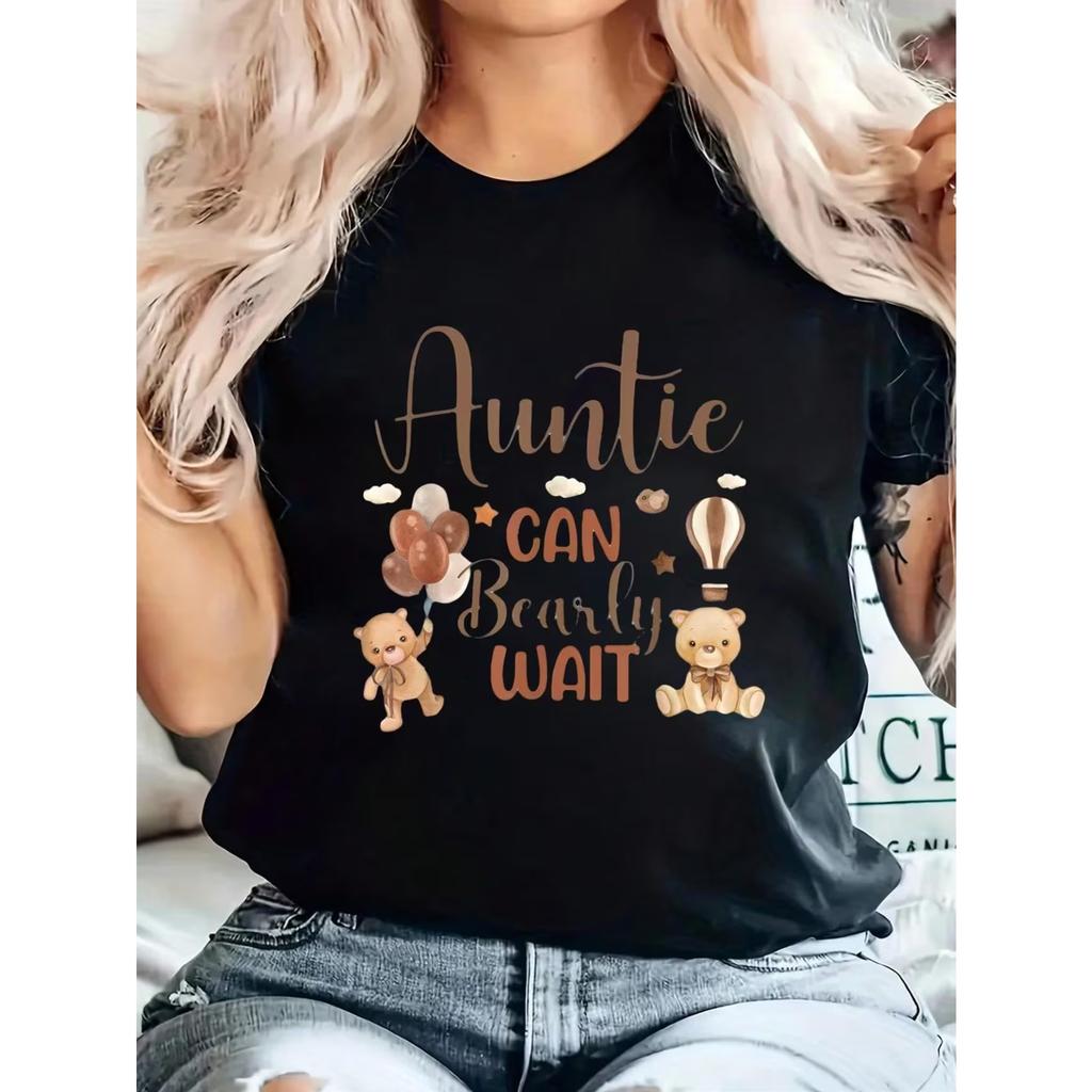 Auntie Can Barely Wait Bear Gender Neutral Shower Print Crew Neck Tee, Women'S Graphic T-Shirts, Casual Short Sleeve Top
