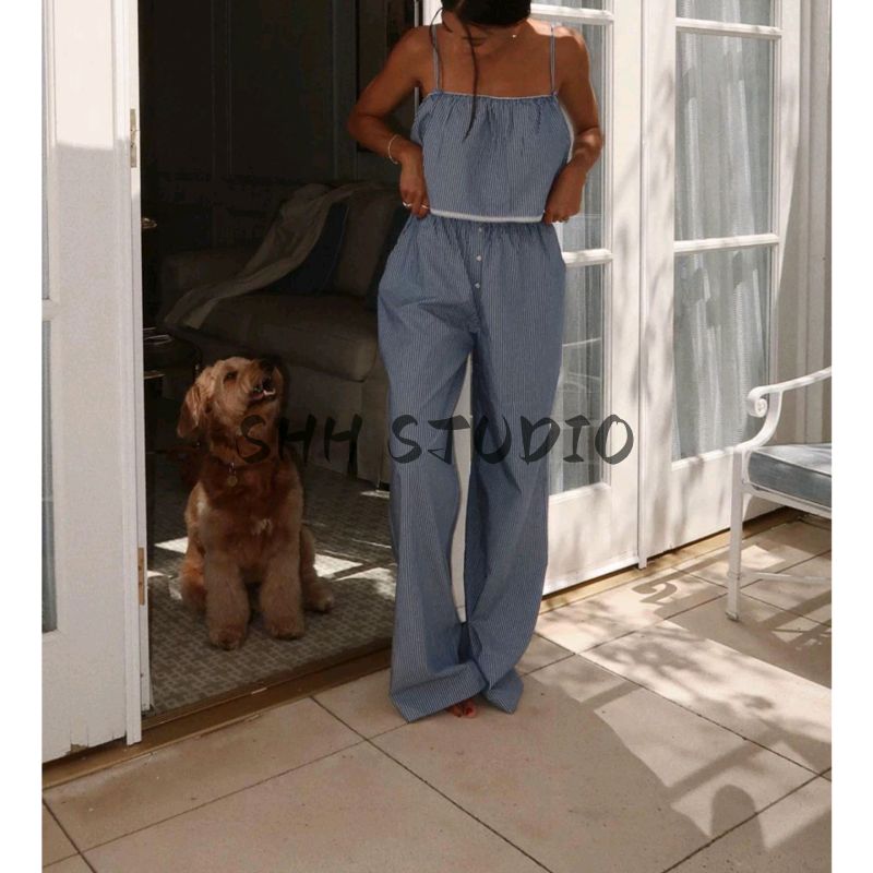 Retro Style Stripes Bows Decorative Sling Tops Casual Elastic Waist Shorts Loose-Fitting Wide-Leg Trousers