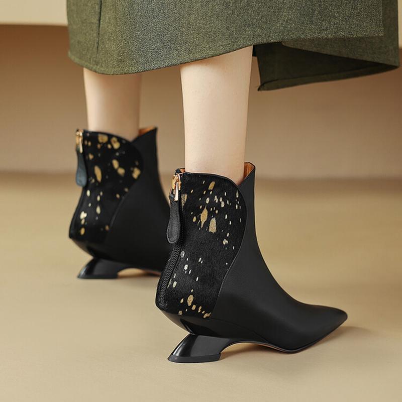 Fashion NEW Autumn Women Boots Pointed Toe Kitten Heel Shoes Genuine Leather Shoes for Women Splicing Ankle Boots Elegent Zipper Boots