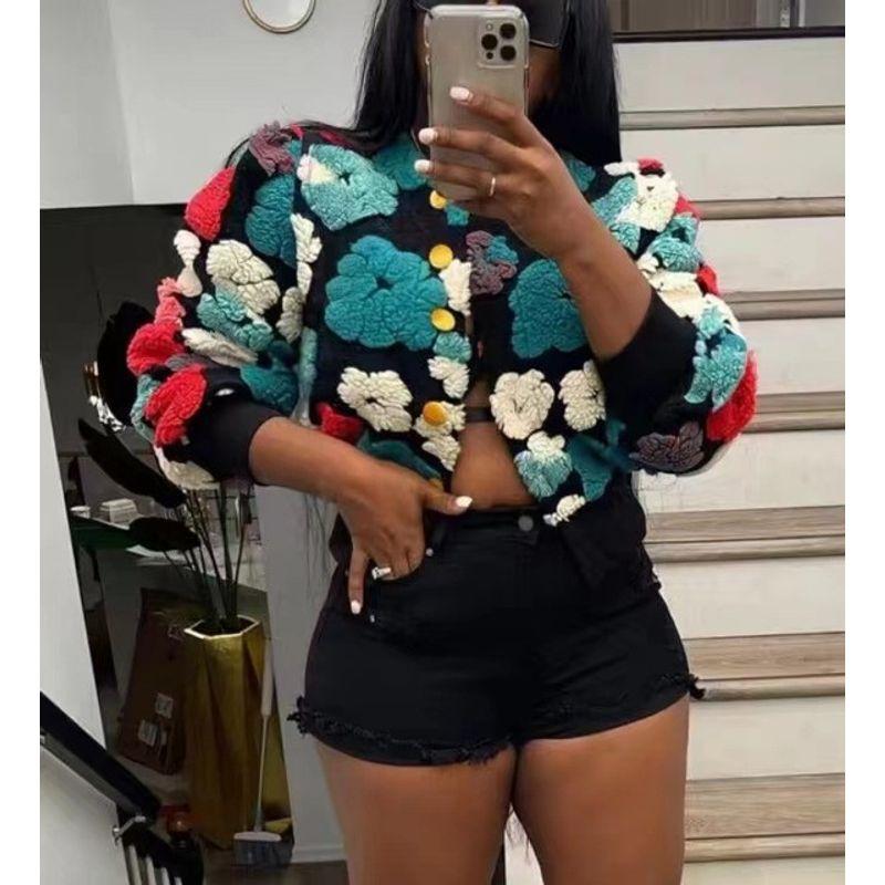 

3D Floral Decoration Short Outerwear Women Blue XL