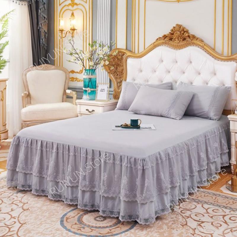 

Кружевная юбка-кровать с рюшами, 3-слойная юбка-кровать Покрывало для спальни, покрывало на кровать, простыня, юбка-кровать, нескользящий наматрасник Couvre Lit 1pc Skirt 150x200cm