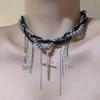 Y2K Gothic Style Black Beaded Cross Necklace & Cool Girl Sweatshirt Accessory